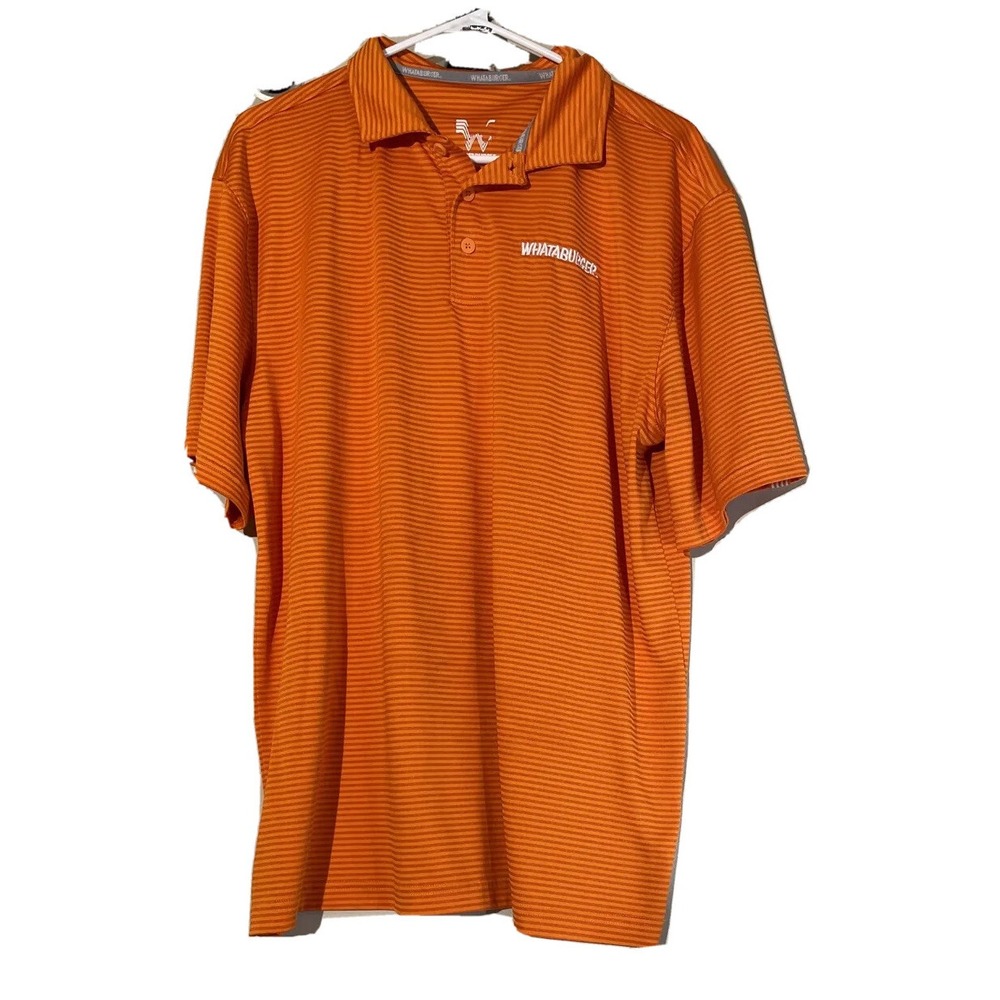 Whataburger Mens Large Orange Striped Polo‎ Shirt Short Sleeve Logo Performance